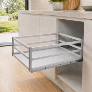 Grace Basket aluminium pull-out drawer with soft motion slides installed in a modern kitchen cupboard