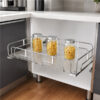 Luxe Glass Grace pull out basket with clear tempered glass base in modern kitchen cabinet