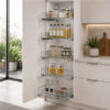 Luxe Glass Grace glass baskets in tall pantry cupboard in modern kitchen