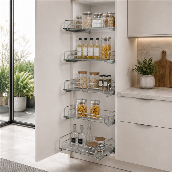 Luxe Glass Grace glass baskets in tall pantry cupboard in modern kitchen