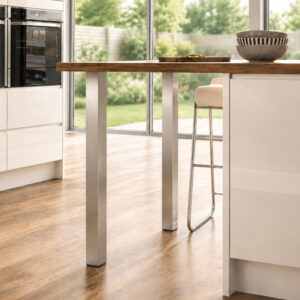 Brushed nickel square 60x60mm counter legs supporting a kitchen breakfast counter