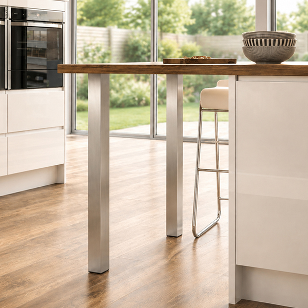 Brushed nickel square 60x60mm counter legs supporting a kitchen breakfast counter
